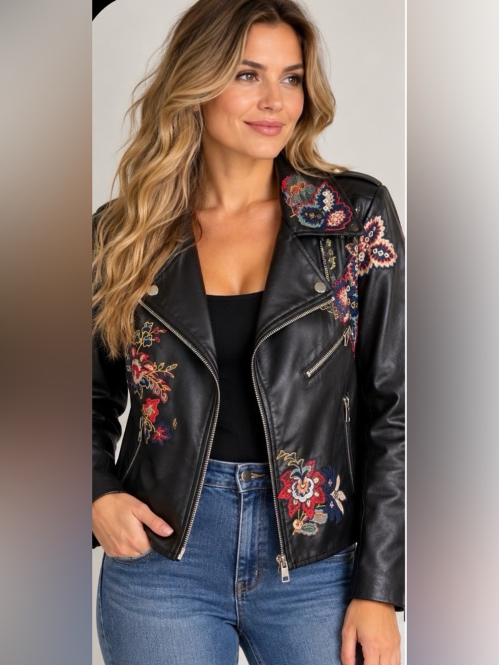 Cristina's Black Faux Leather Floral Embroidered Moto Jacket Size L